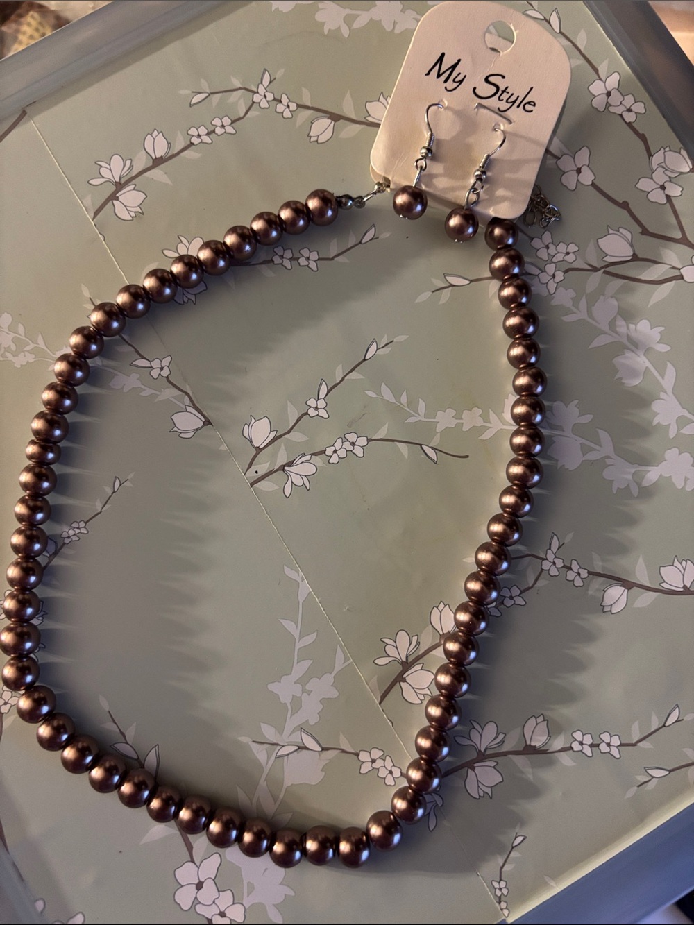 Brown Pearl Necklace and Matching Earrings